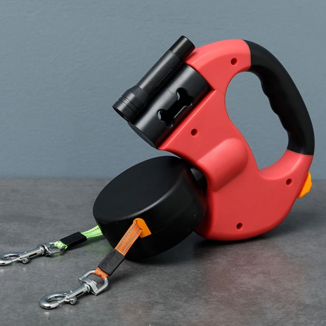 سلك مزدوج قابل للسحب للكلاب - مع مصباح LED وموزع أكياس 